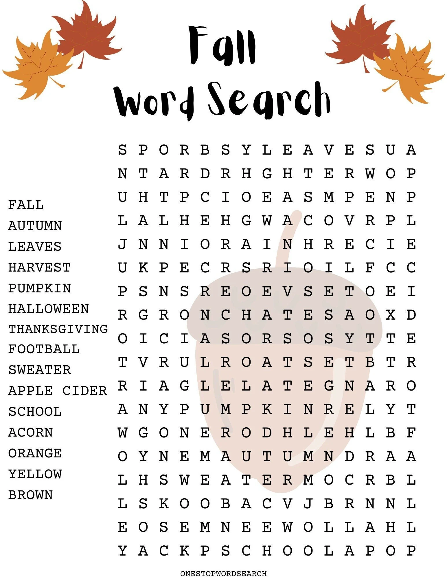 Printable Word Search Puzzles Fall