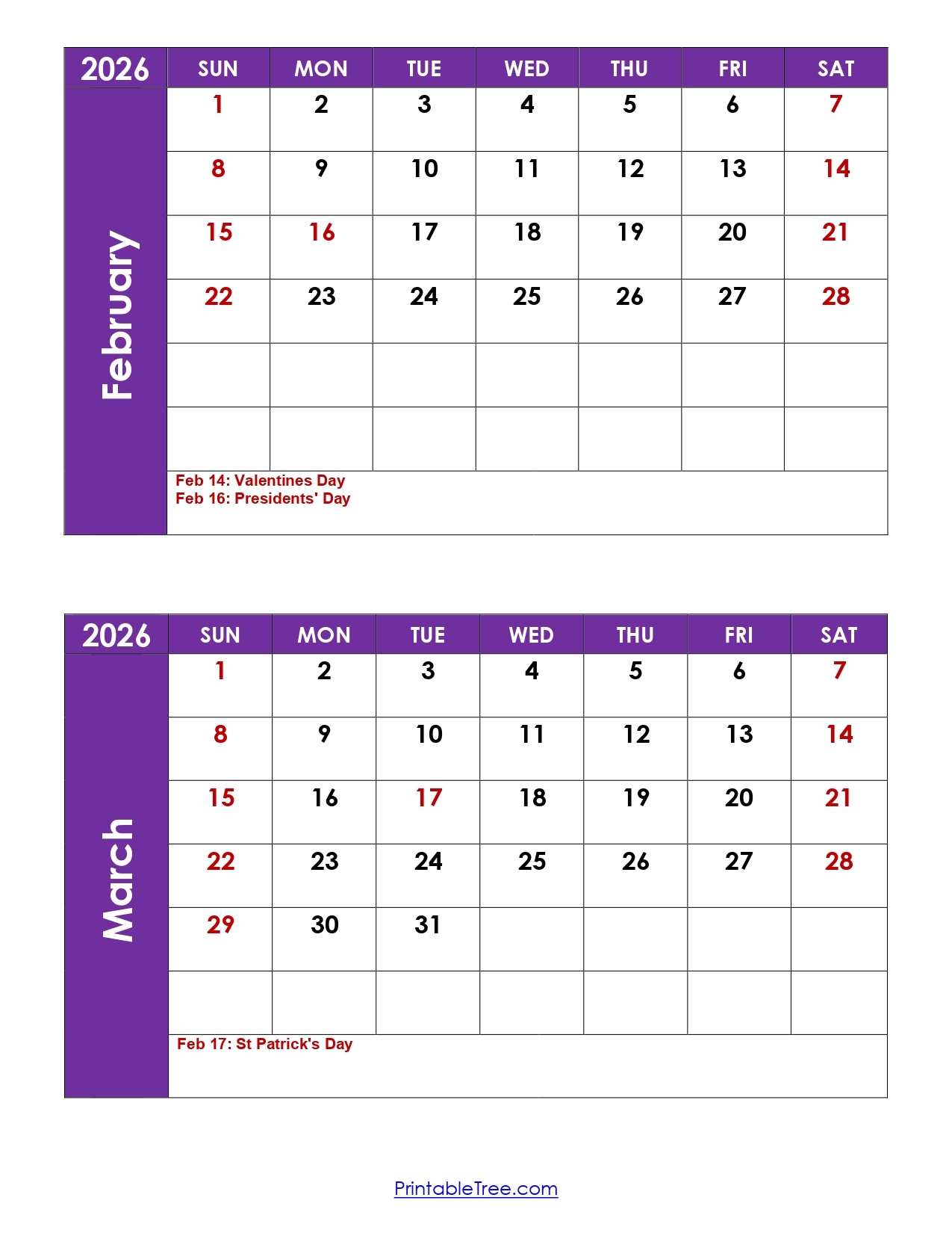 February And March 2026 Calendar Printable PDF 2 Month Calendar 