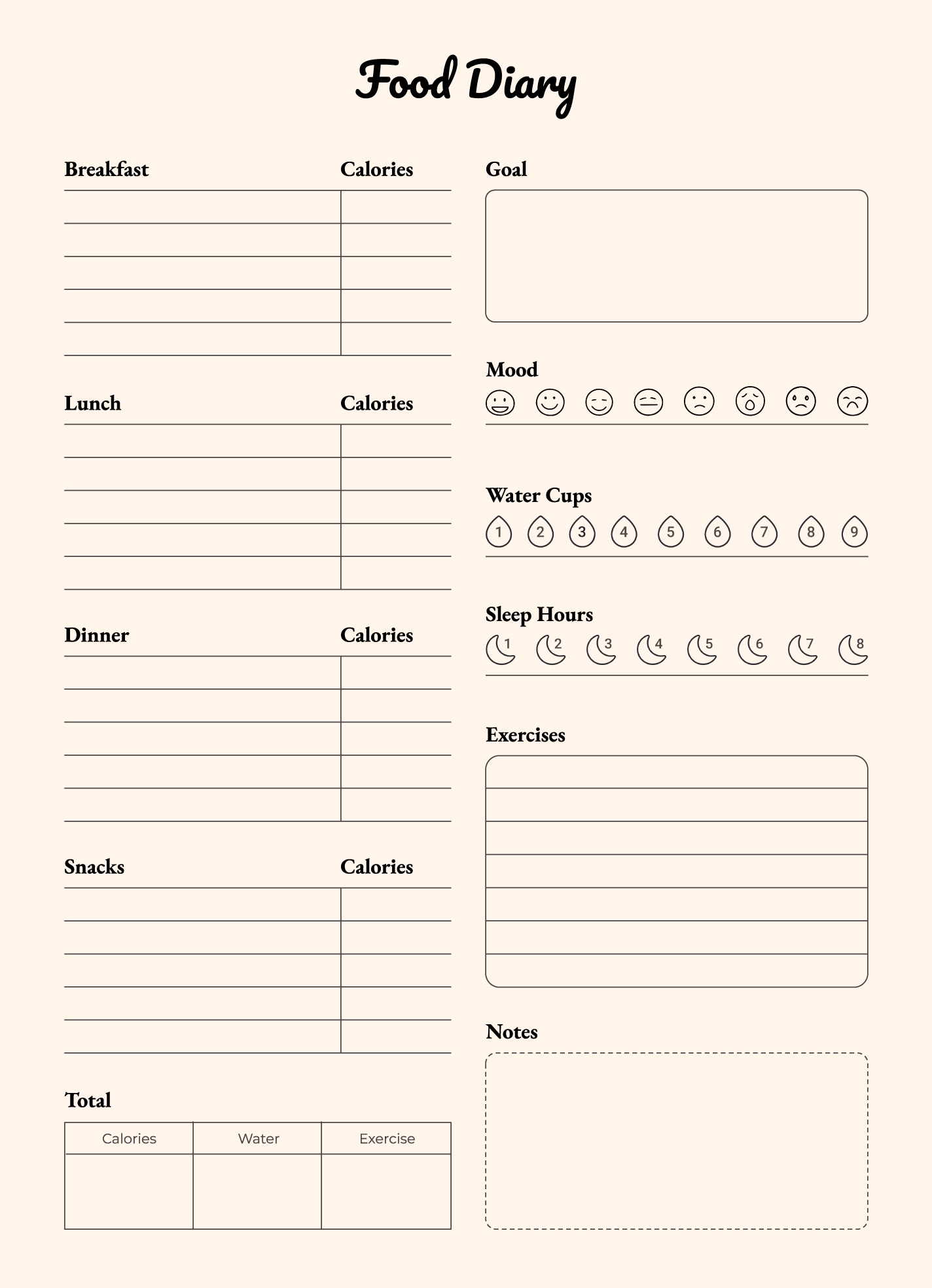 Food Diary Printable Template