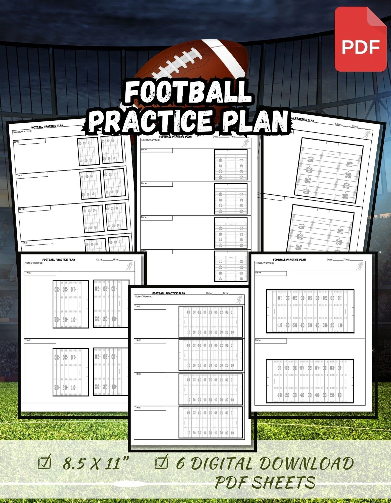 Football Field Practice Plan Sheets For Coach Or Player 8 5x11 6 
