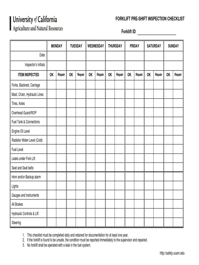 Forklift Pre Shift Inspection Checklist Forklift ID Monday 