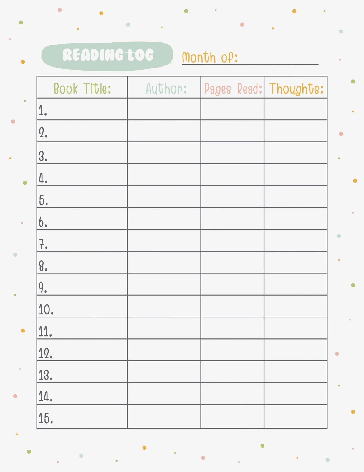 Printable Reading Log Template