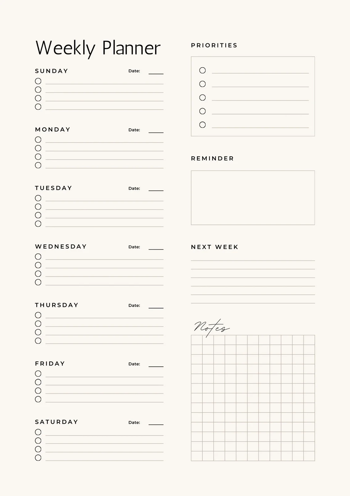 Printable Weekly Planner Template