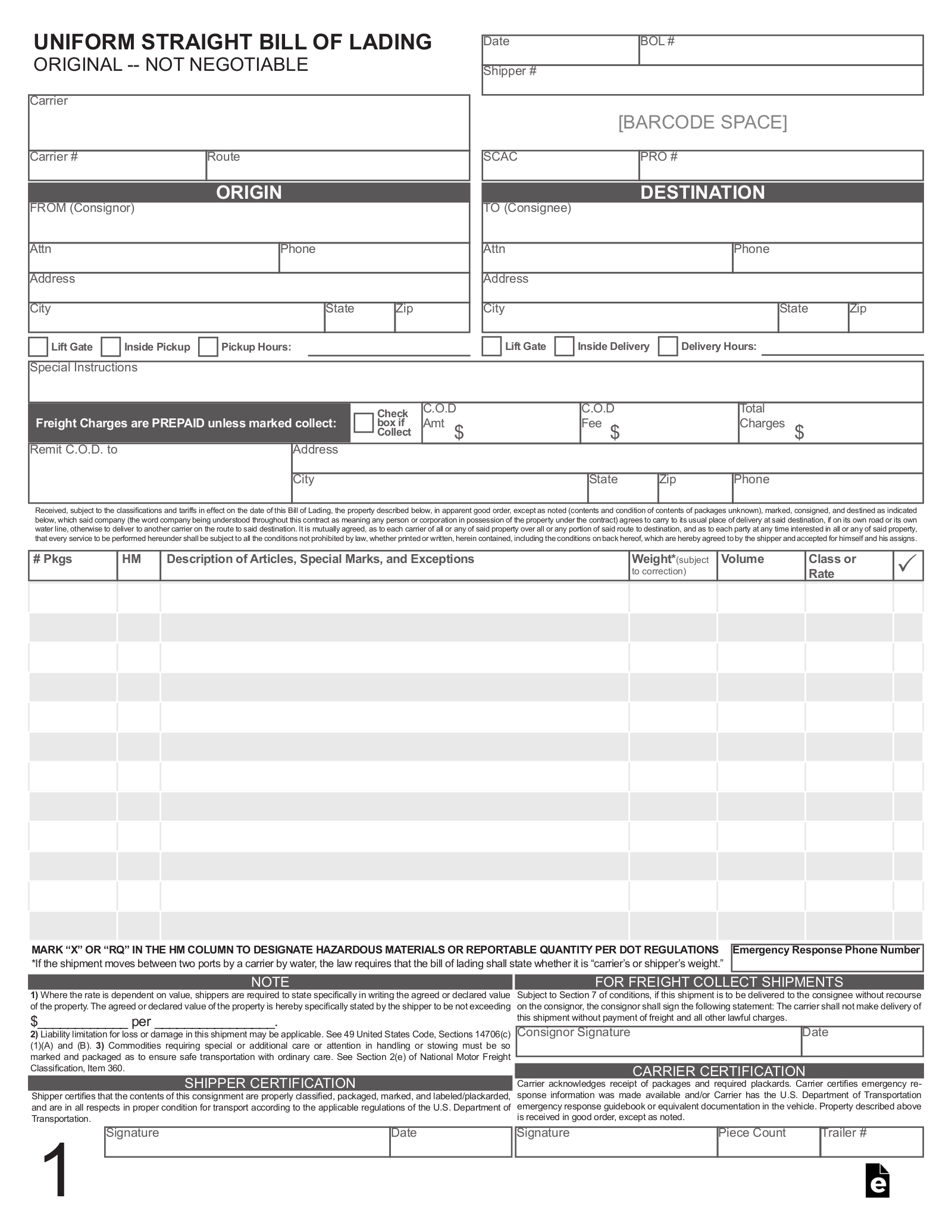 Bill Of Lading Form Printable Template
