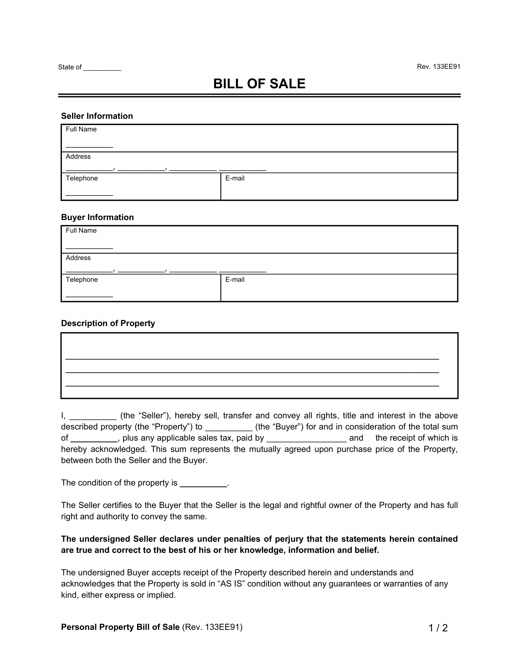 Bill Of Sale Form Free Printable Templates