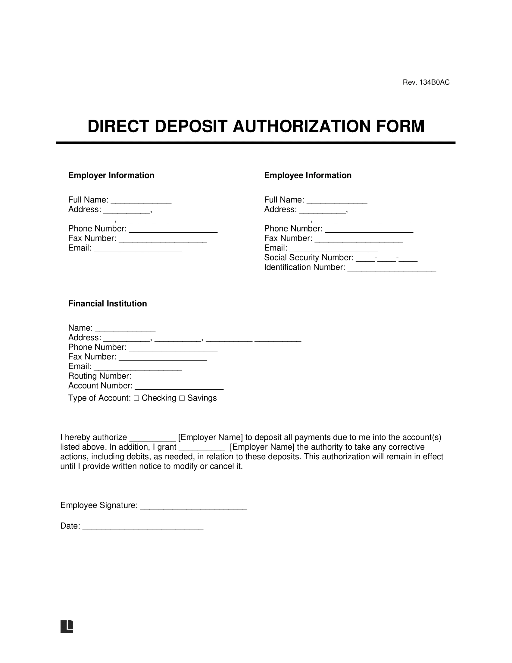 Free Direct Deposit Authorization Form PDF amp Word