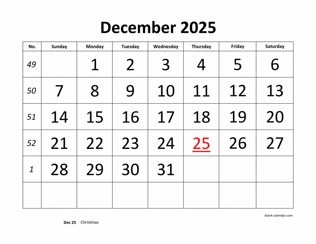 Free Download Printable December 2025 Calendar Large Font Design 