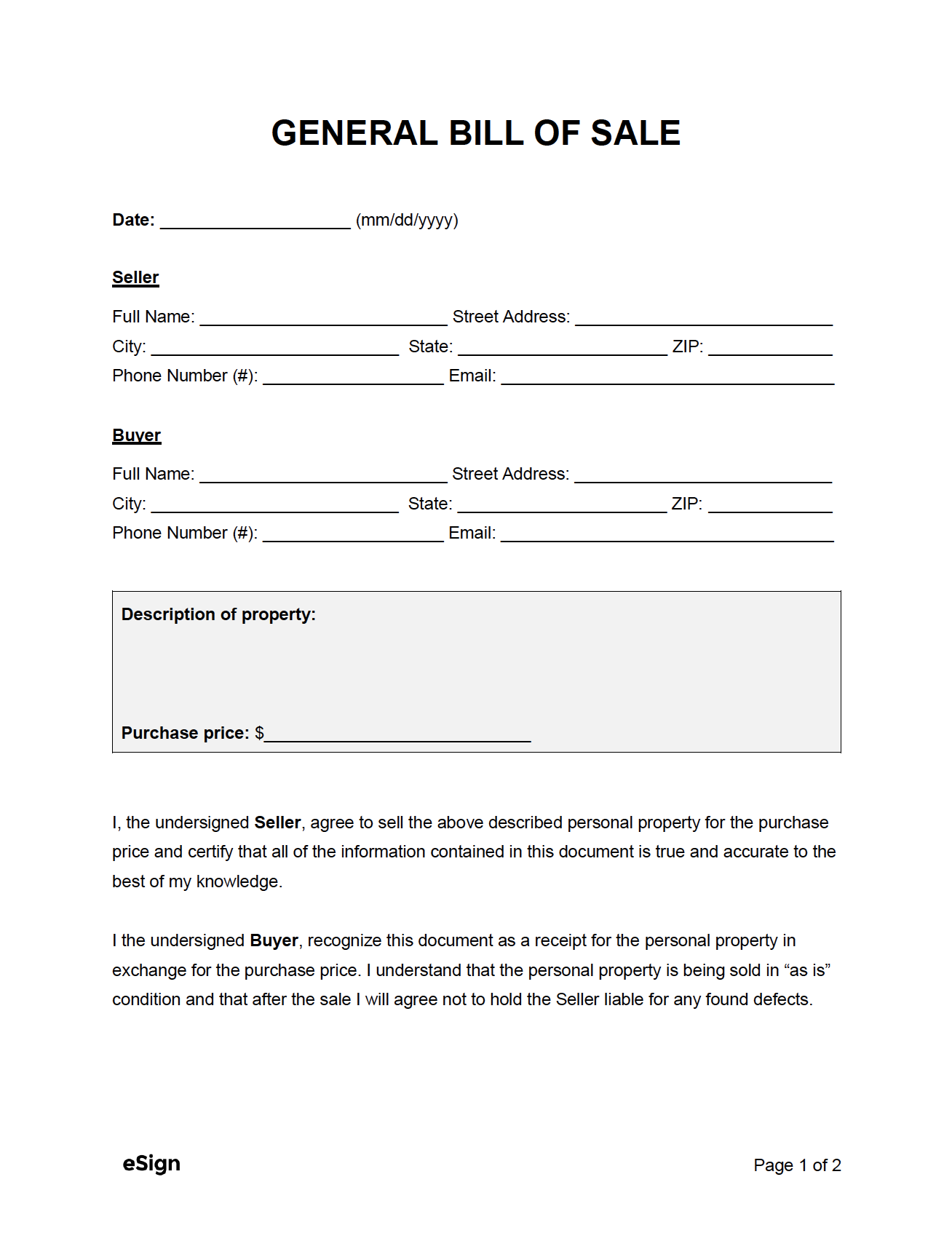Printable Bill Of Sale Template Pdf