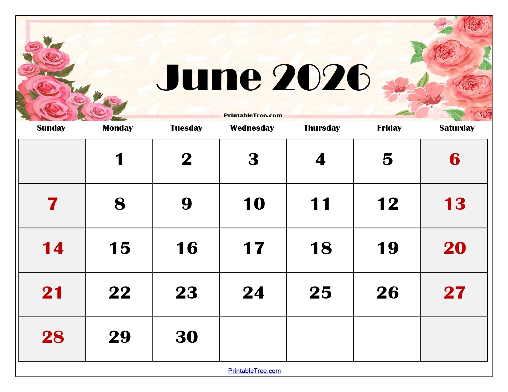 Printable June Calendar 2026 Free Template