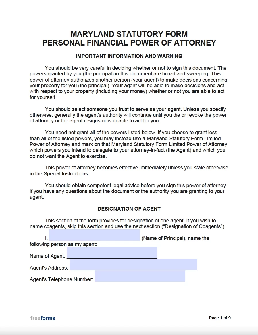 Free Maryland Durable Financial Power Of Attorney Form PDF Word