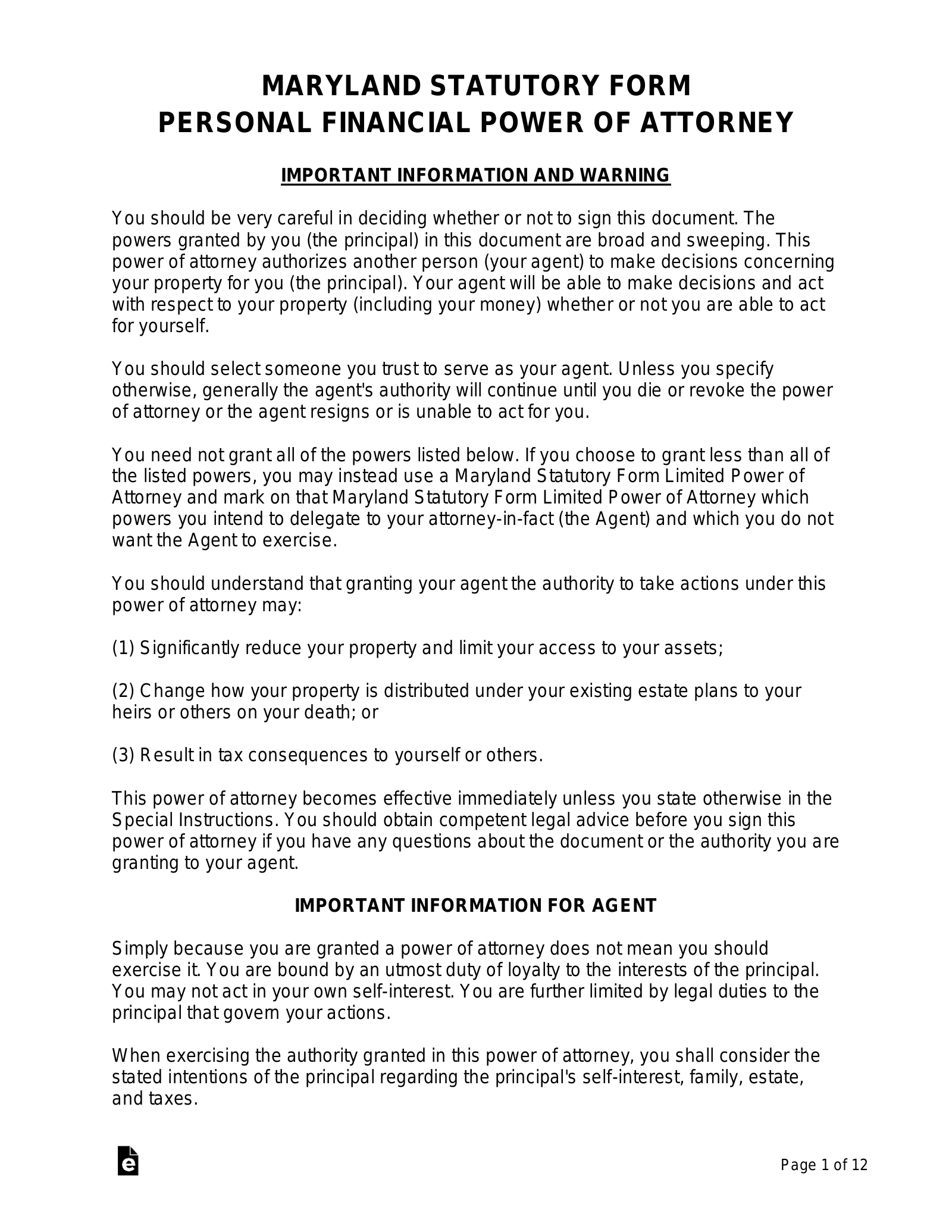 Free Maryland Durable Statutory Power Of Attorney Form PDF 