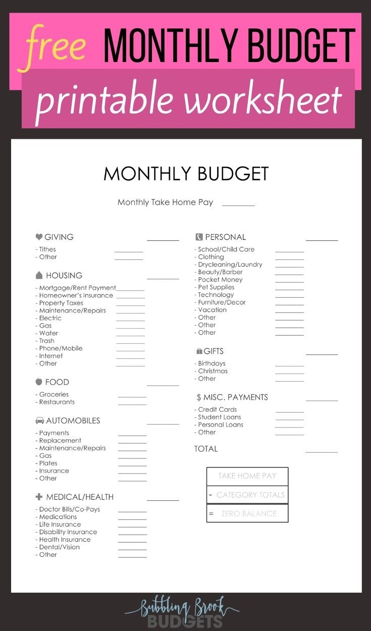 Free Monthly Budget Printable Worksheet