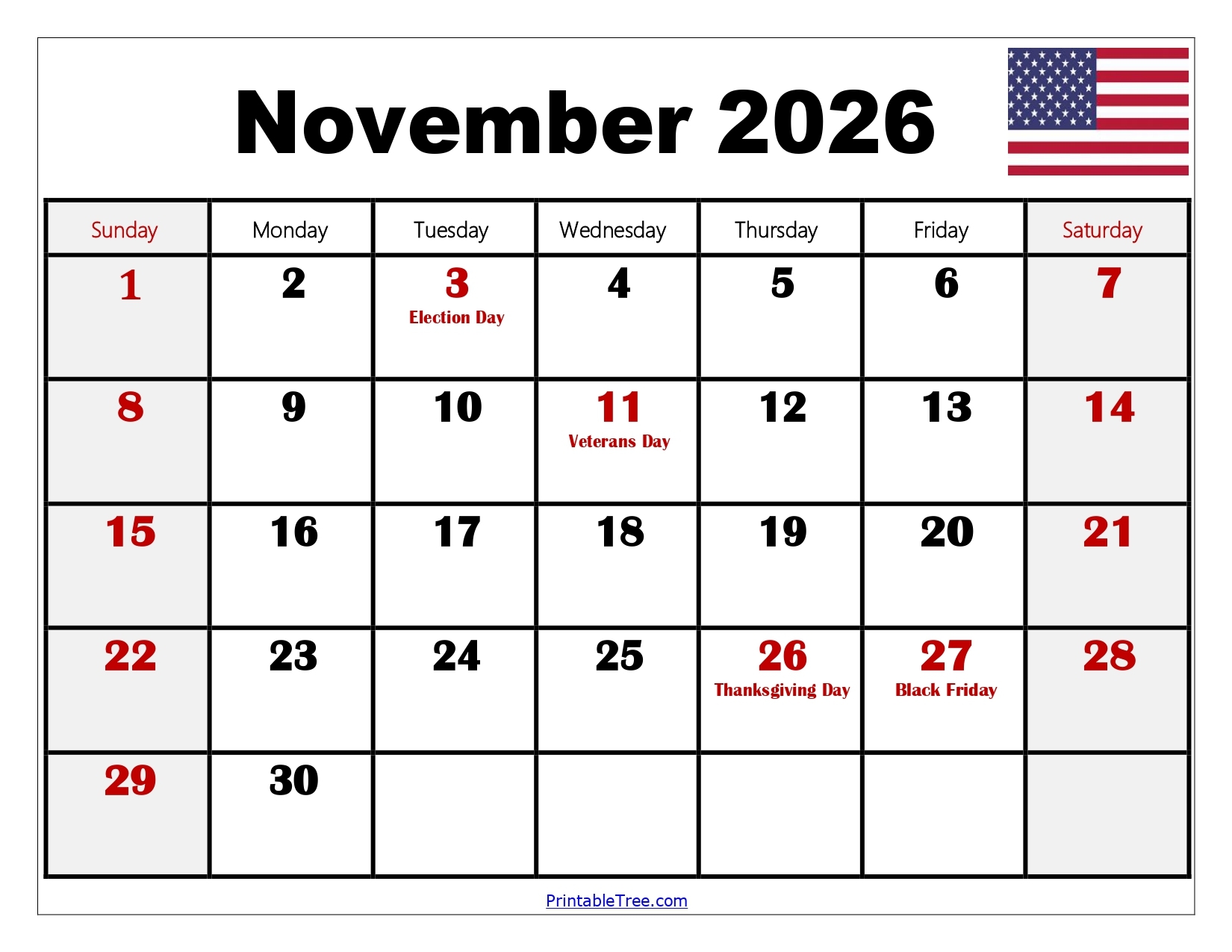 November December 2026 Printable Calendar