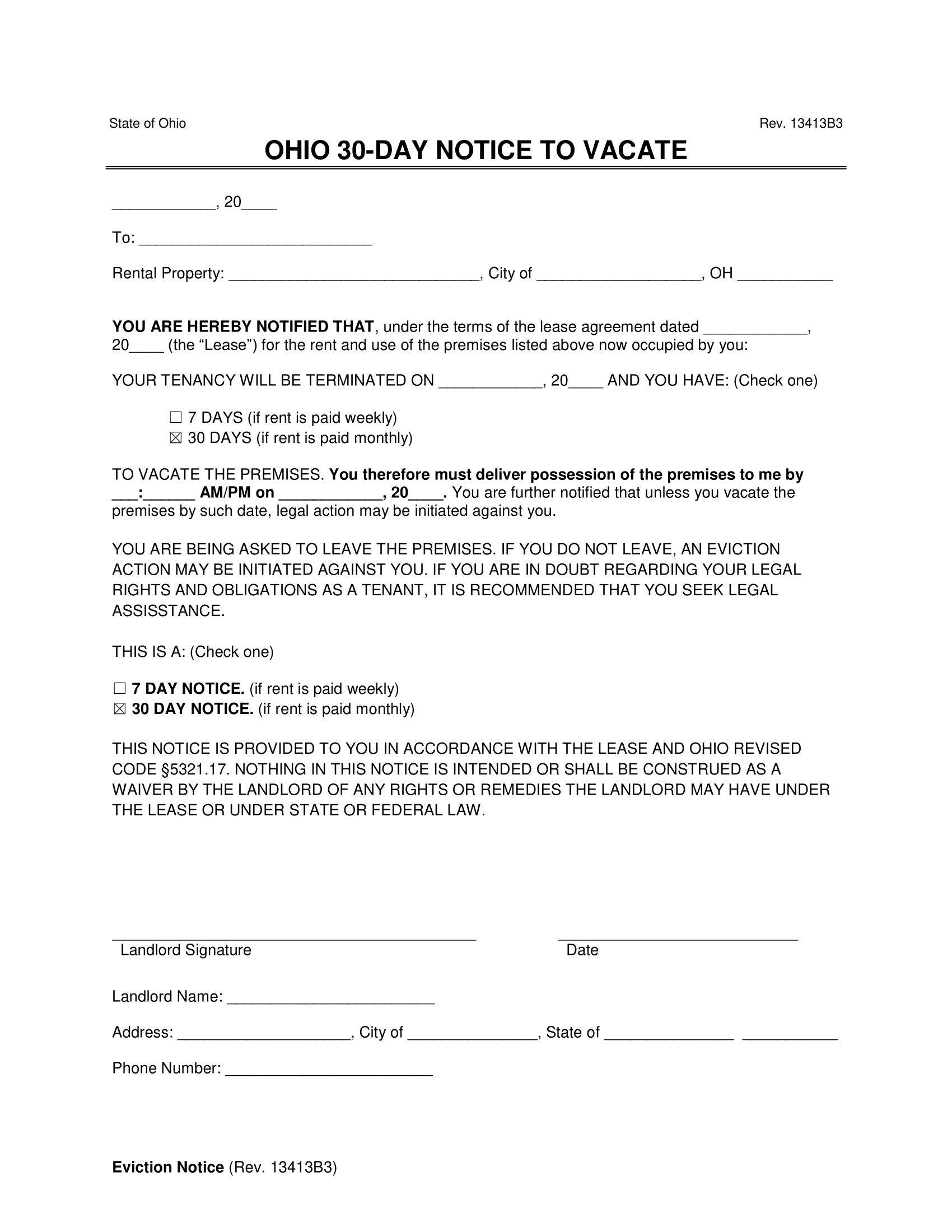 Free Ohio Lease Termination Letter Form 30 Day Notice