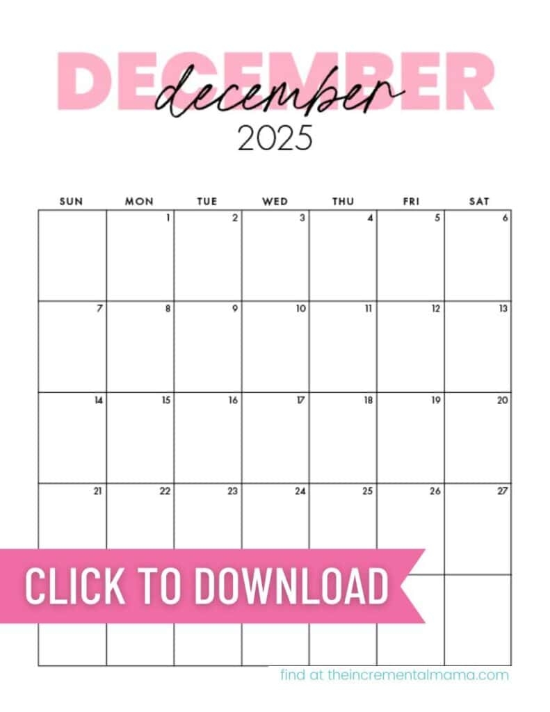 Pink December 2025 Printable Calendar