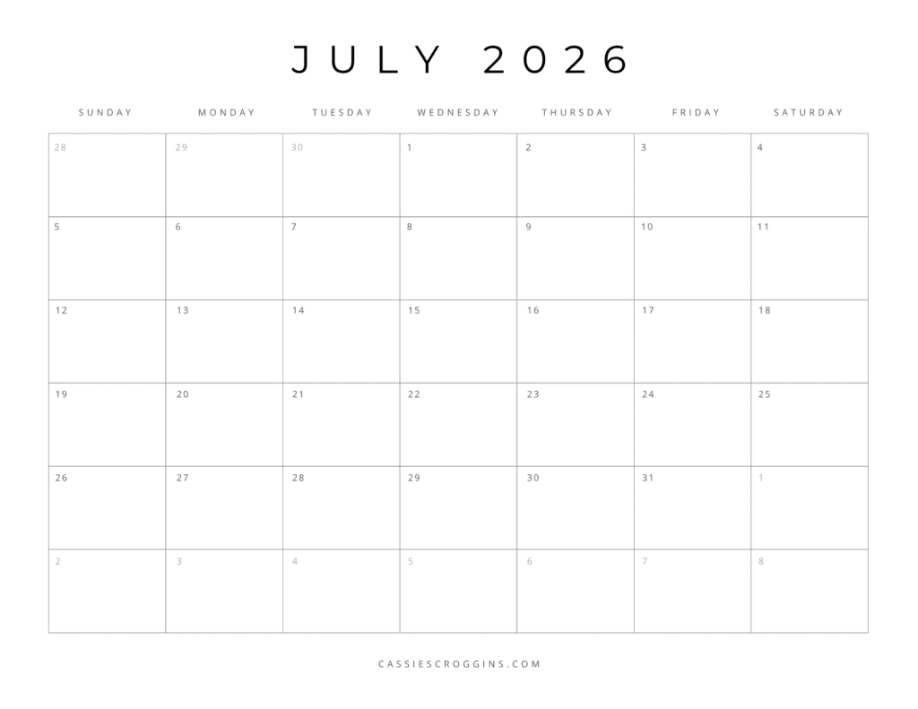 Free Printable 2026 Calendar Blank