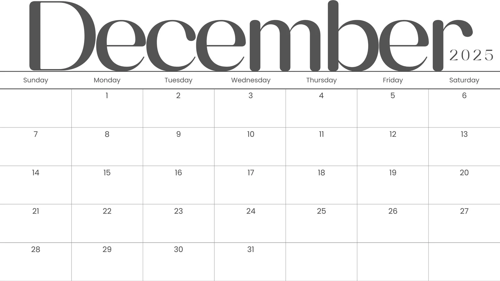 Month Of December Calendar Printable