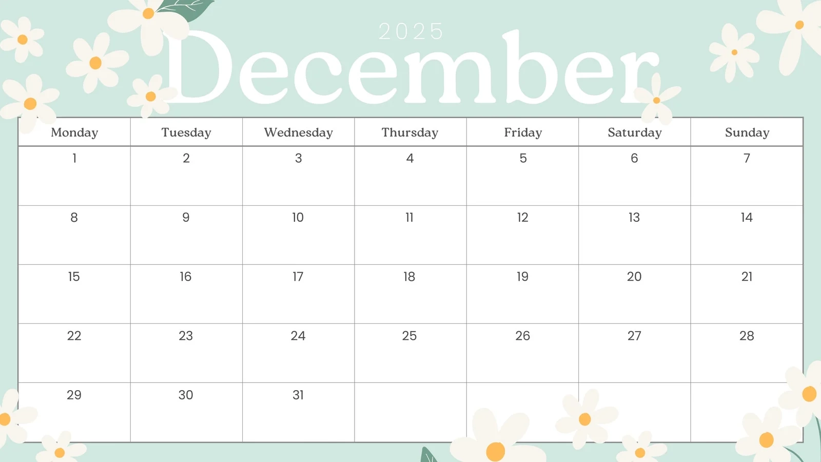 Printable December 2025 Calendar Small