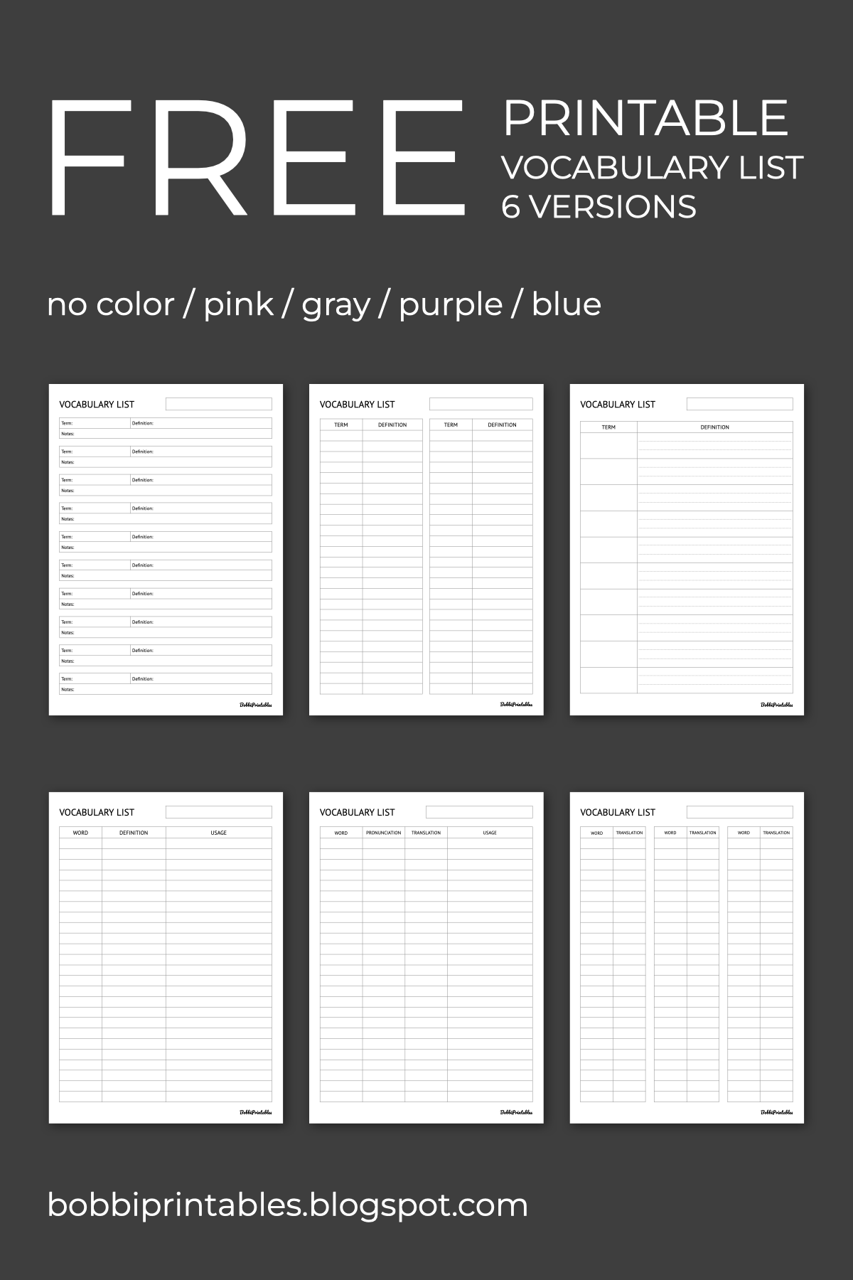 Free Vocabulary Templates Printable