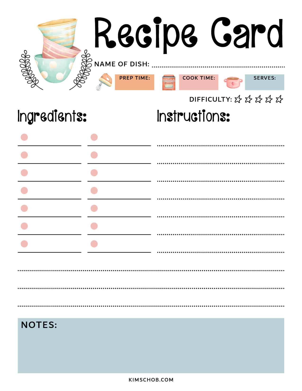 Recipe Card Printable Template