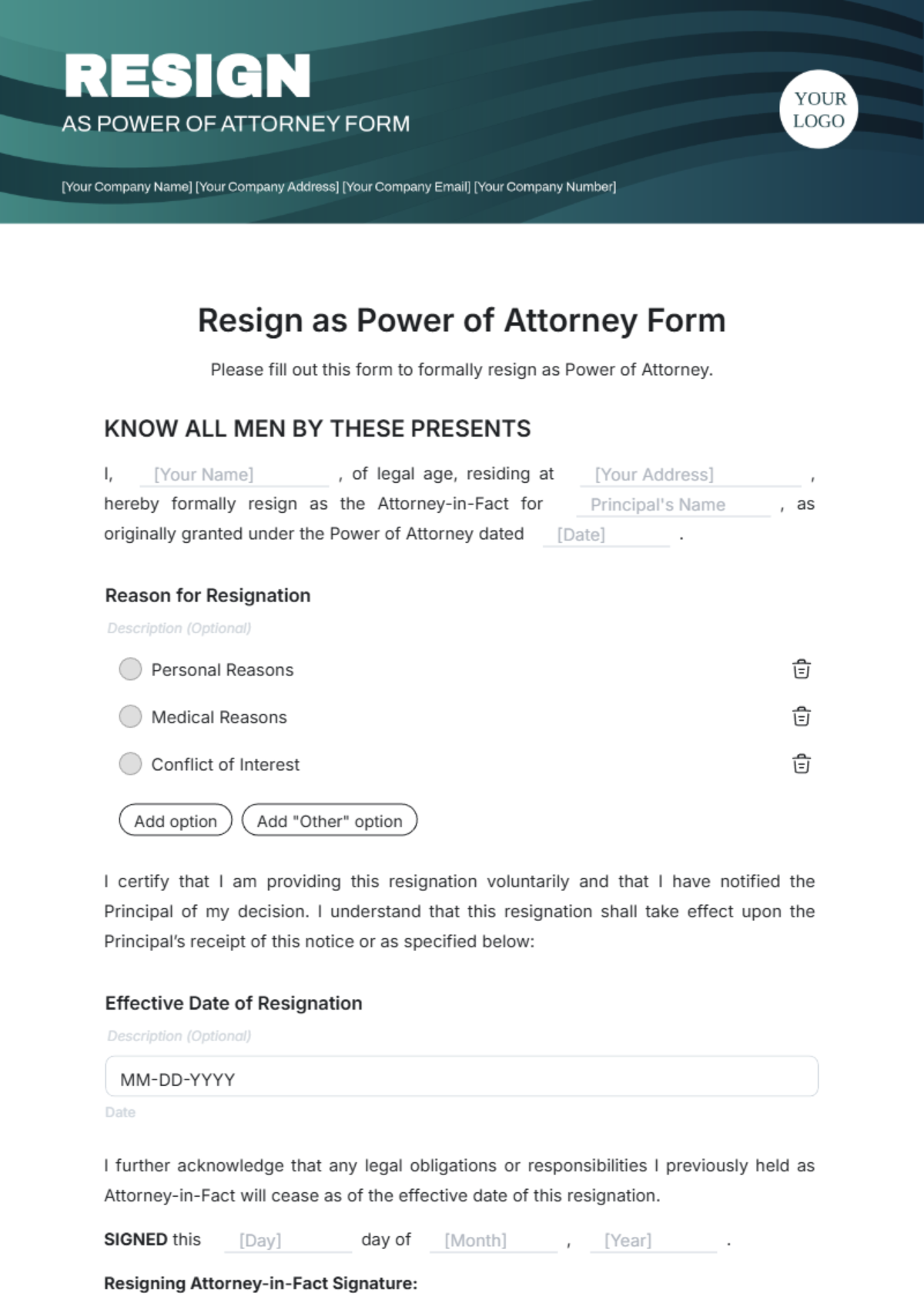 Printable Power Of Attorney Resignation Letter Template