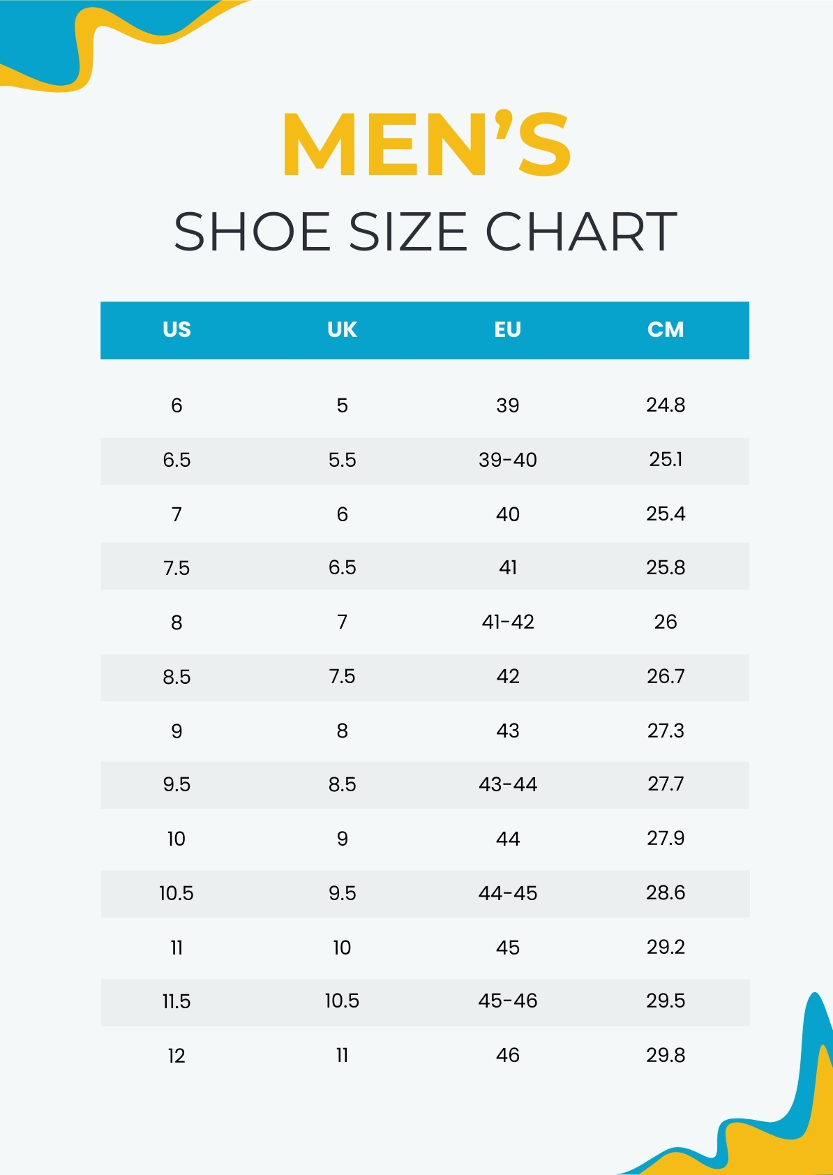 Chart Pdf Template Printable Shoe Size Chart For Adults