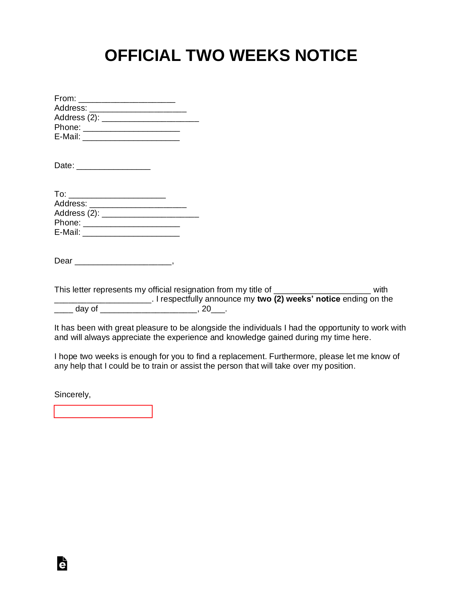 Free Two Weeks Notice Letter Templates amp Samples PDF Word 