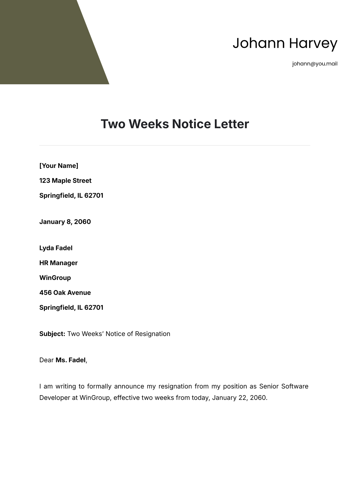 Printable 2 Week Notice Letter Template Word