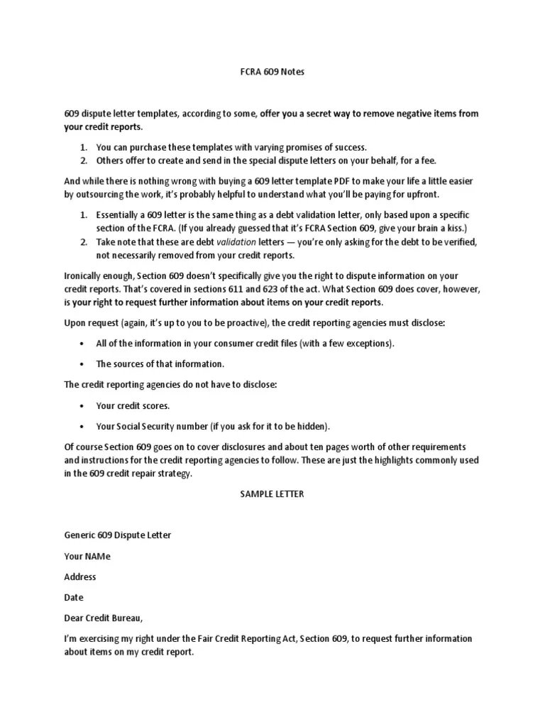 Generic 609 Credit Dispute Letter PDF Credit History Credit 