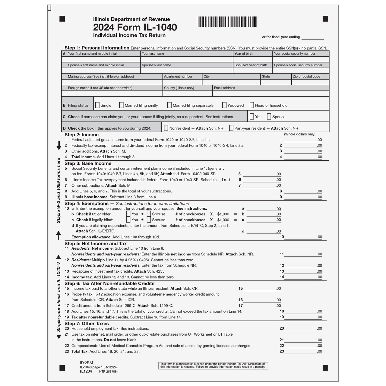 IL1204 Form IL 1040 Individual Income Tax Return Page 1 amp 2 