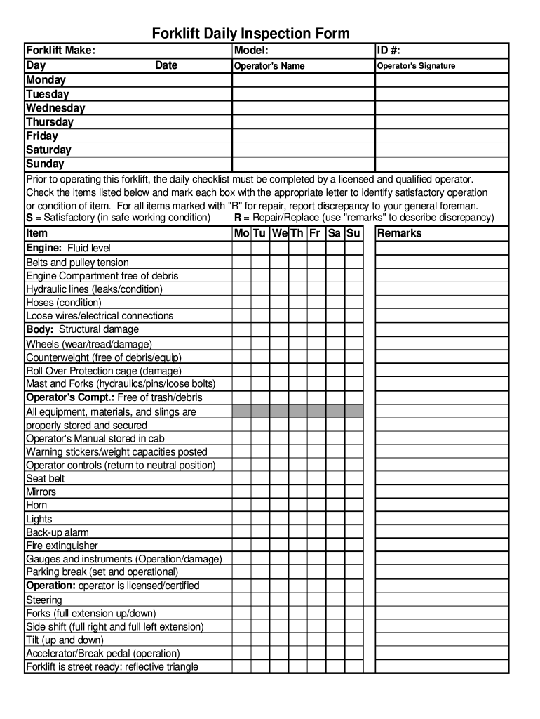 Intel Forklift Daily Inspection Form Fill Online Printable 