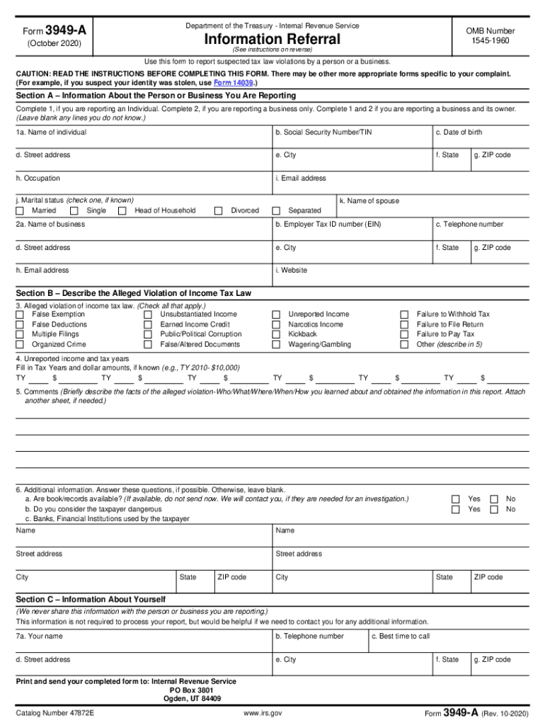 IRS 3949 A Form Fill Online Printable Fillable Blank PdfFiller