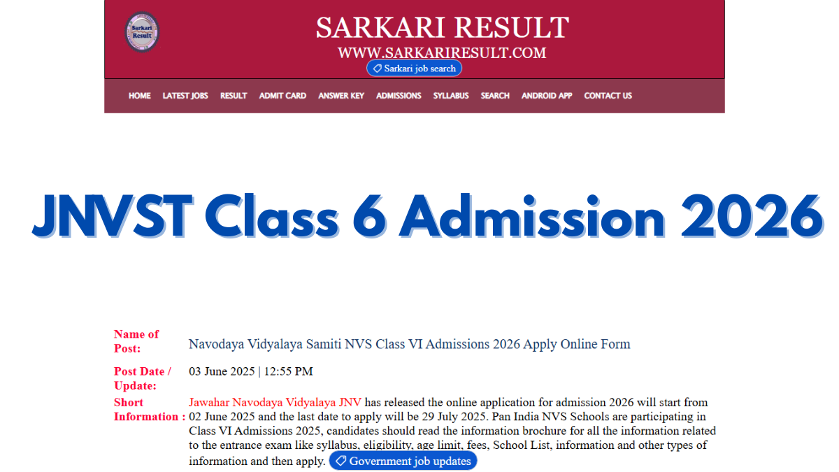 Navodaya Registration Form 2026 Class 6