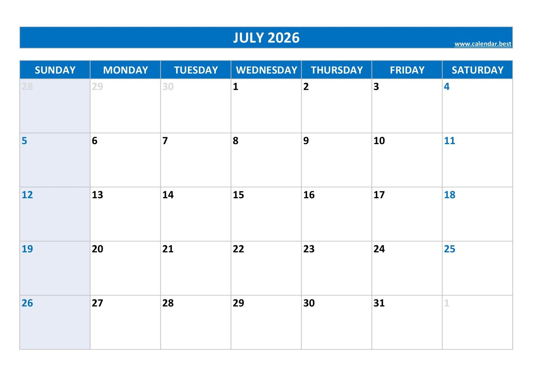 Blank July 2026 Calendar Template