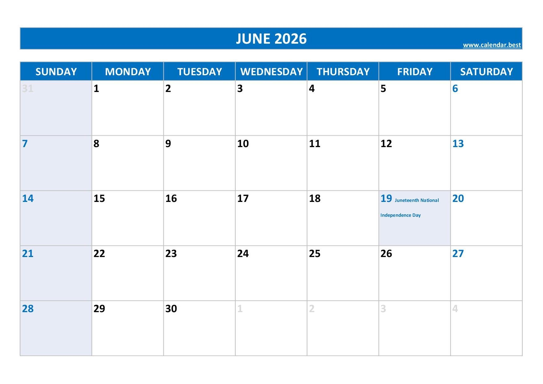 Blank June Calendar 2026 With Holidays