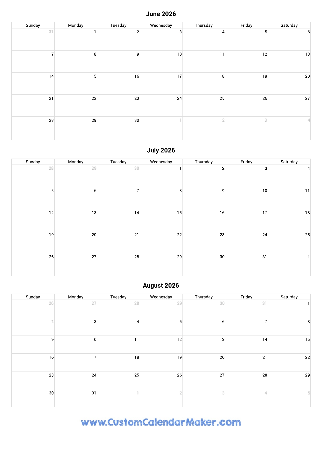 Calendar 2026 Printable June Through December