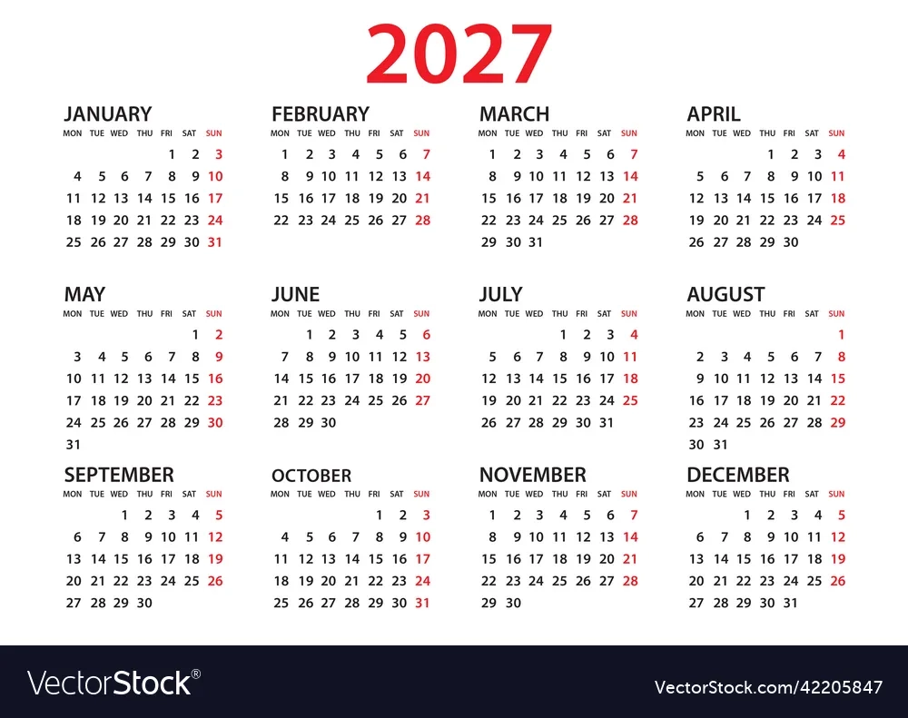 Kalender 2027 Template Planer 20267 Jahr Vektorbild