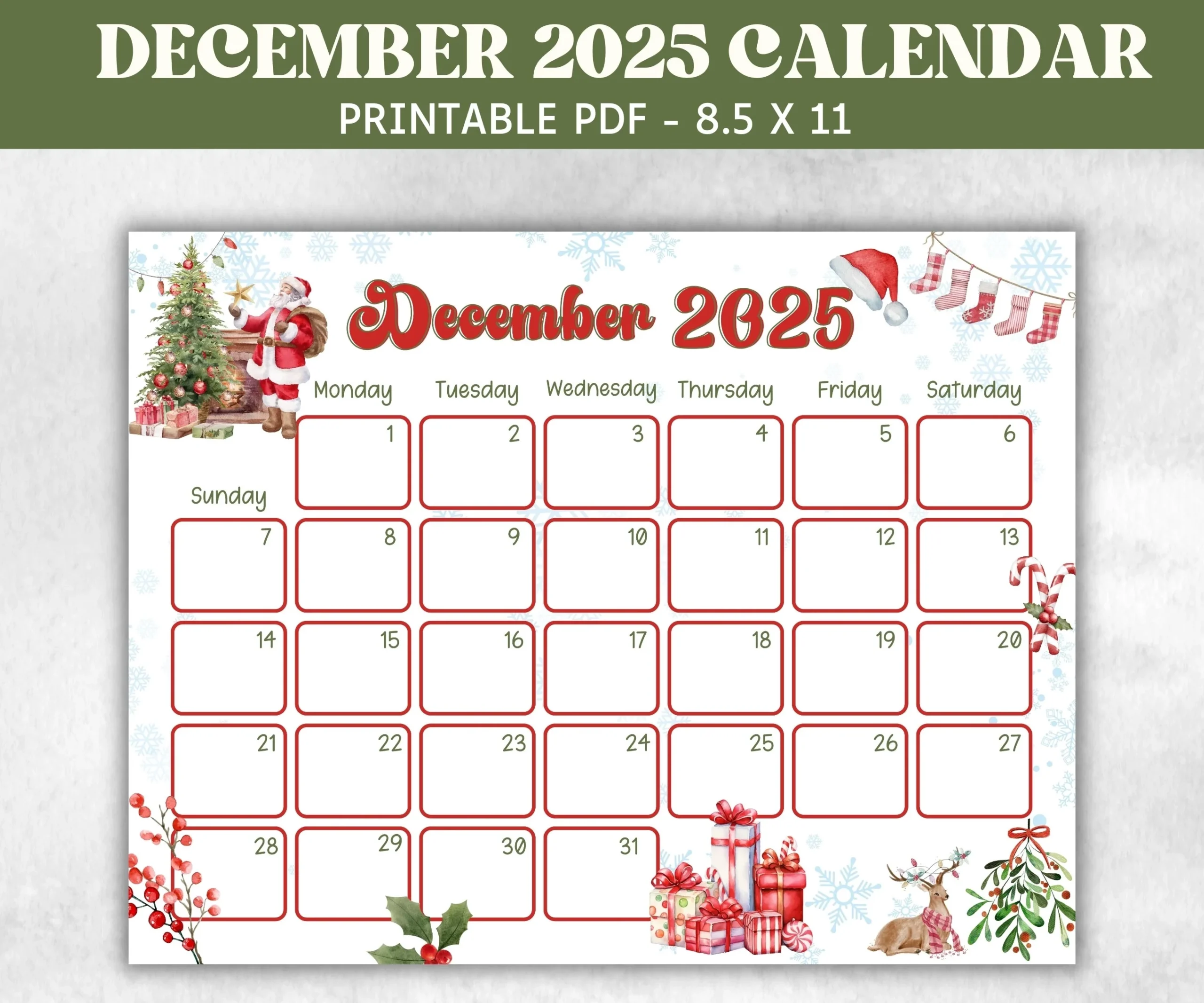 December 2025 Christmas Printable Calendar
