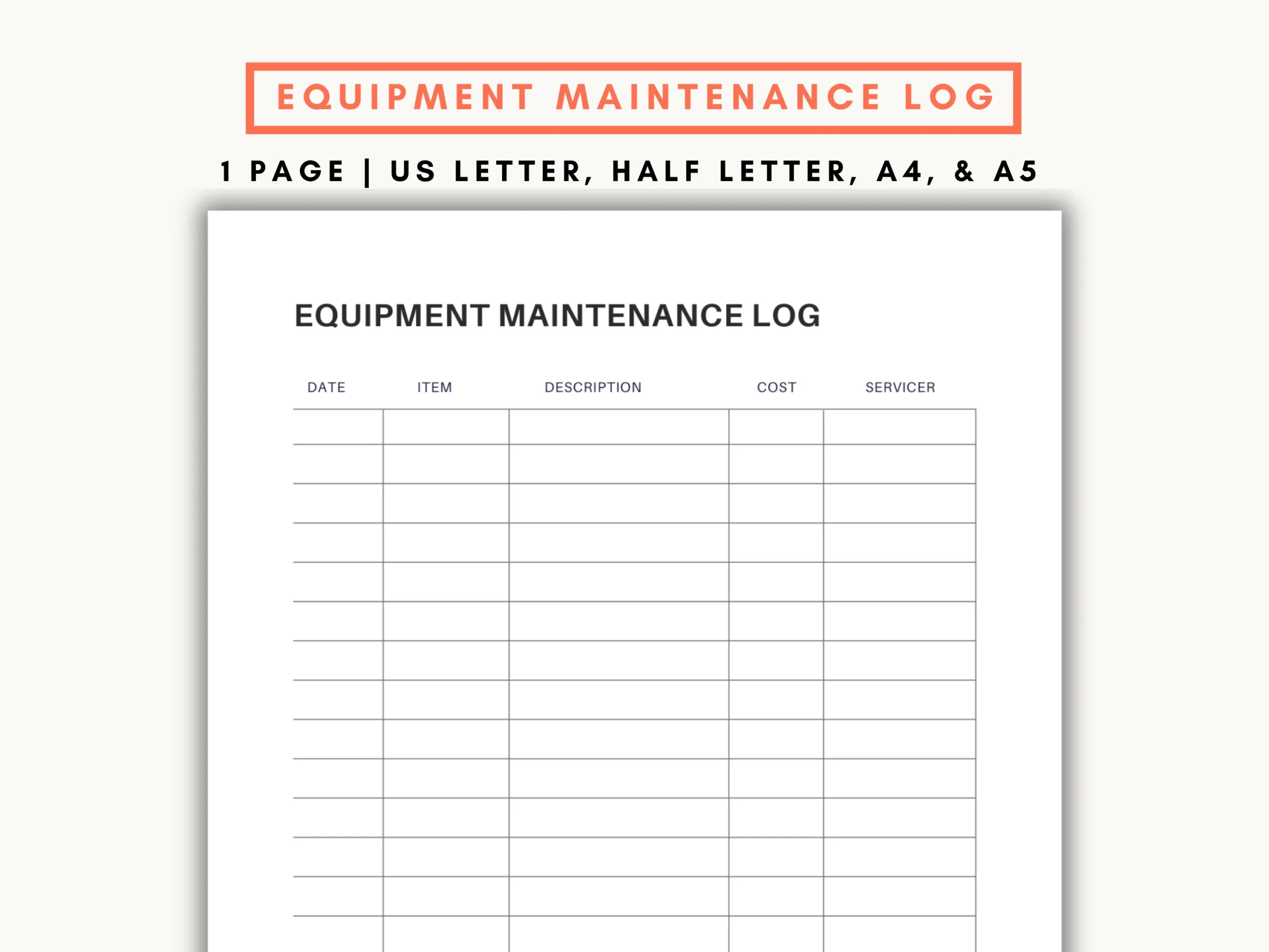 Maschinen Wartungs Log Druckbares Reparatur Log Equipment Kosten 