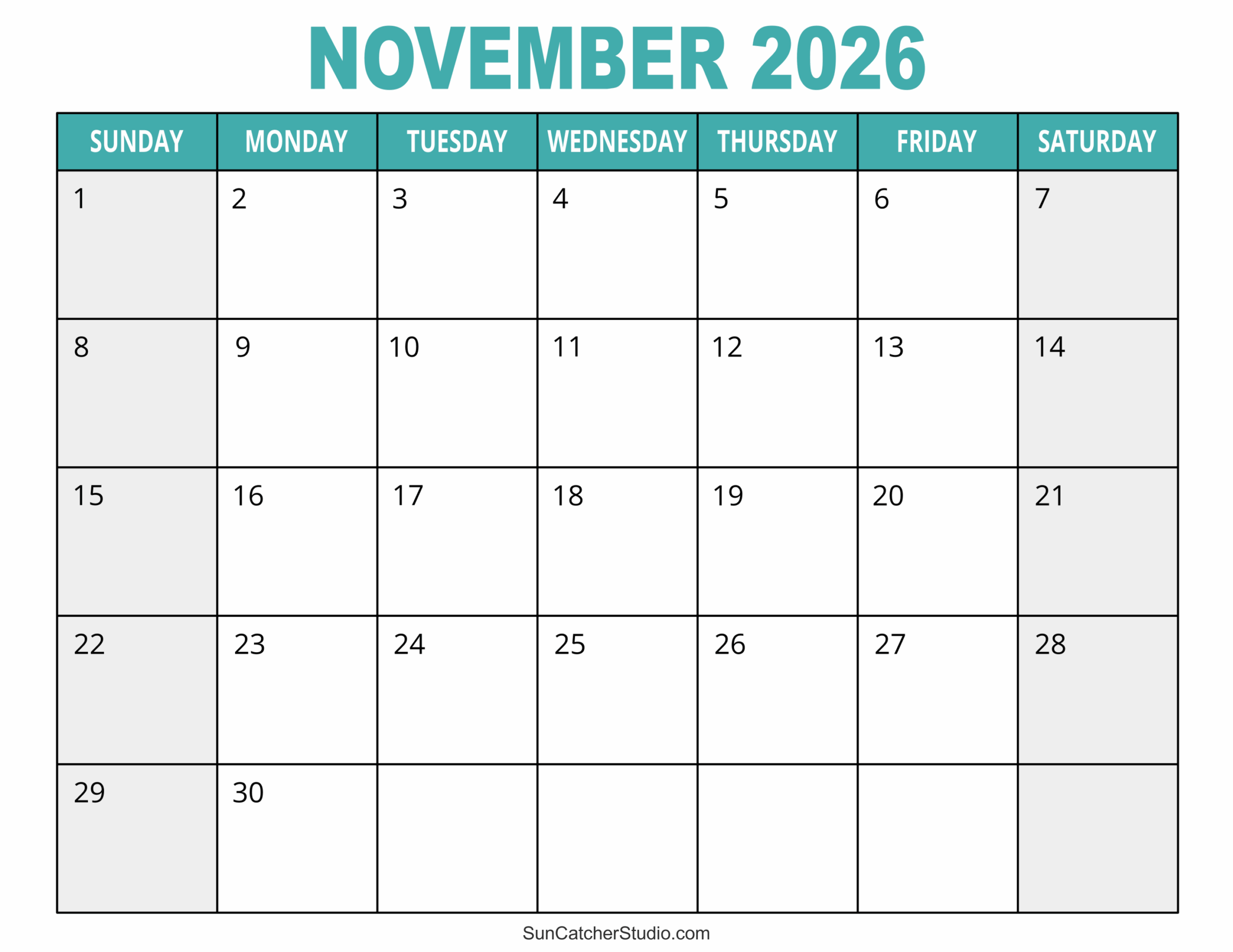 Free Printable November 2026 Weekday Calendar