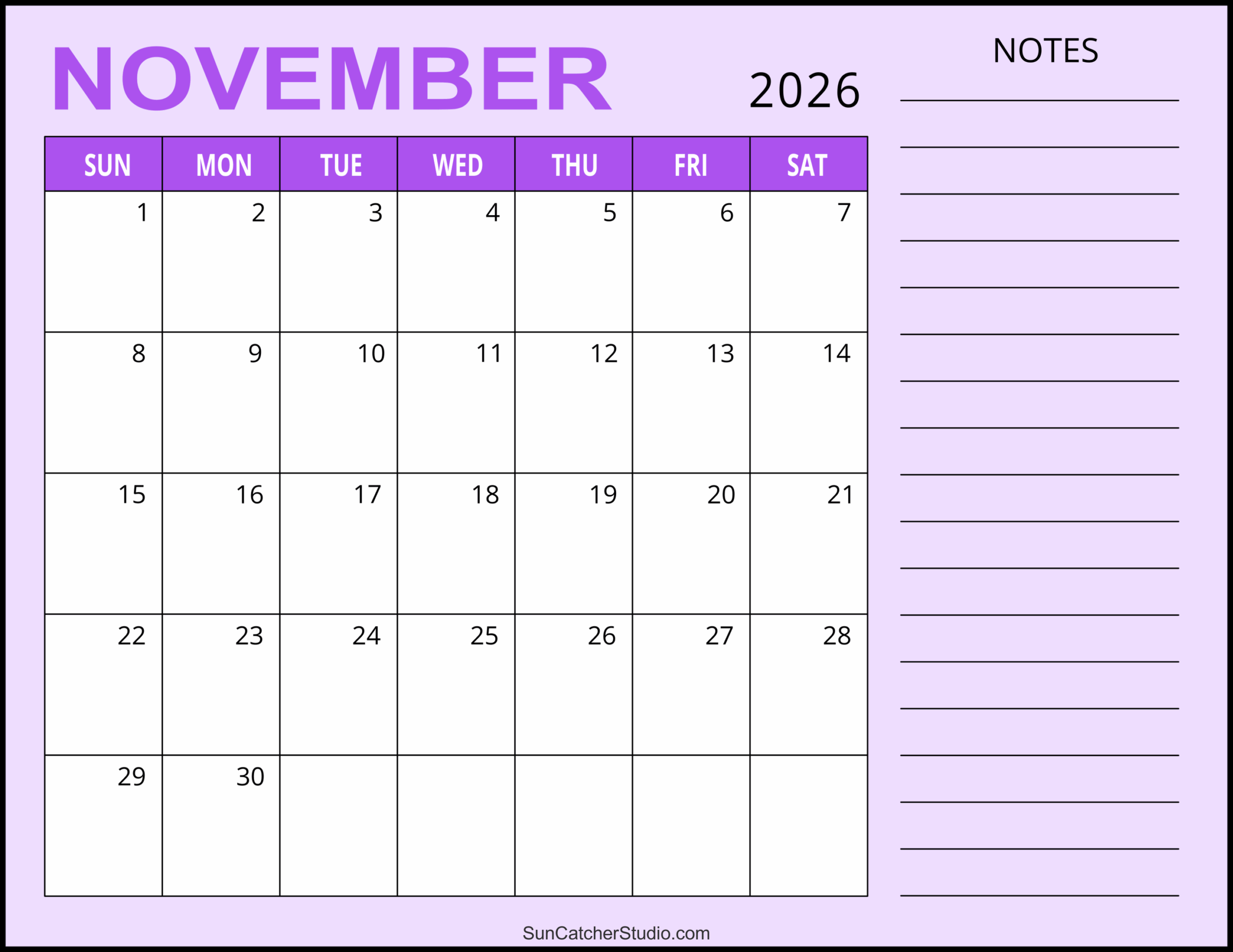 November 2026 Calendar Printable Trace