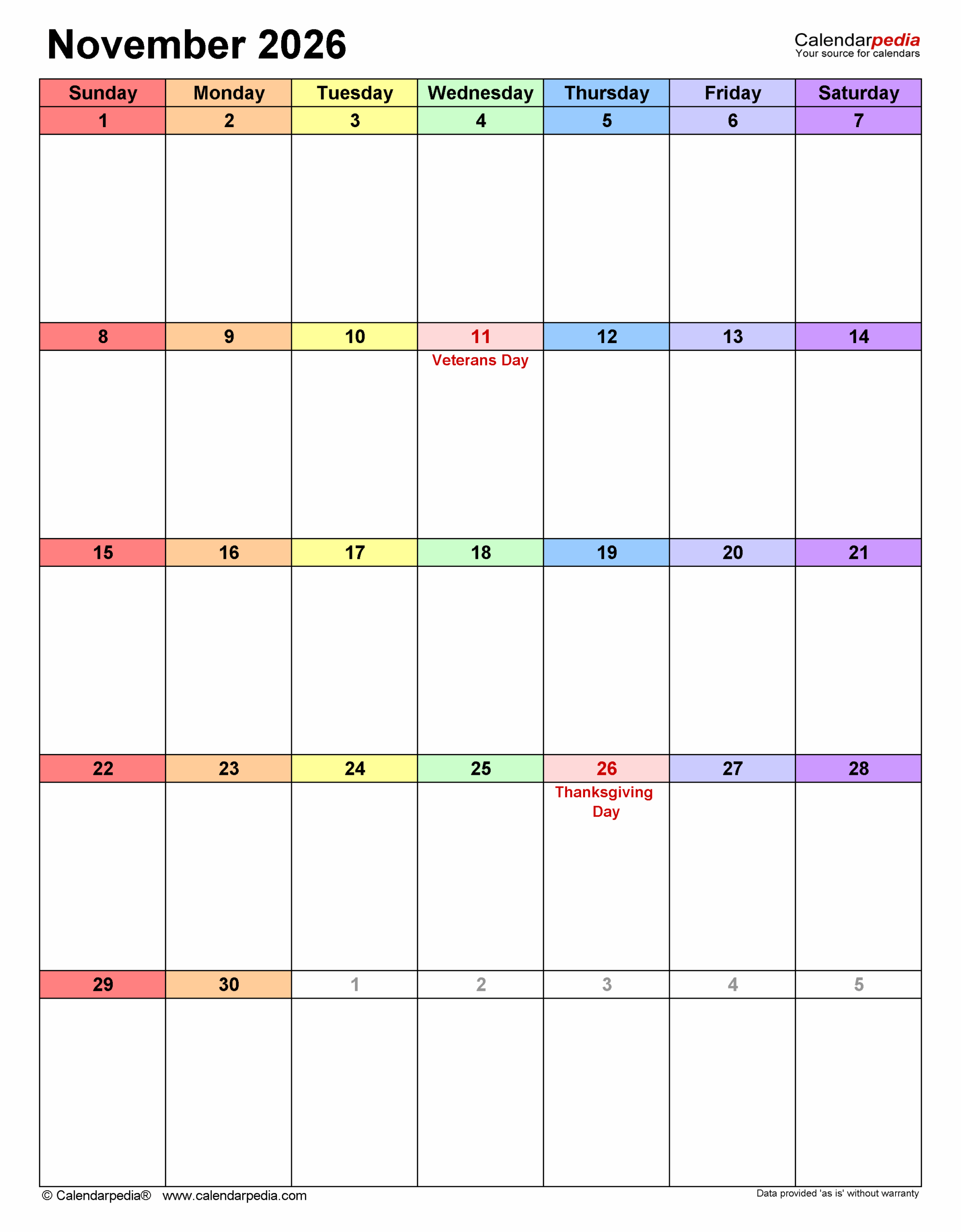 Portrait Printable November 2026 Calendar Page