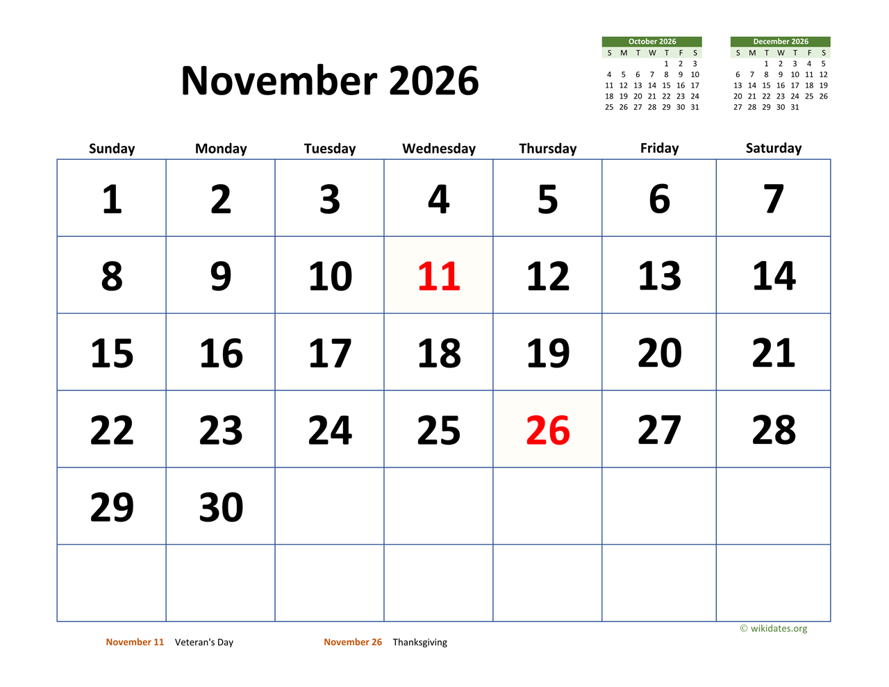 Printable Box Calendar For November 2026