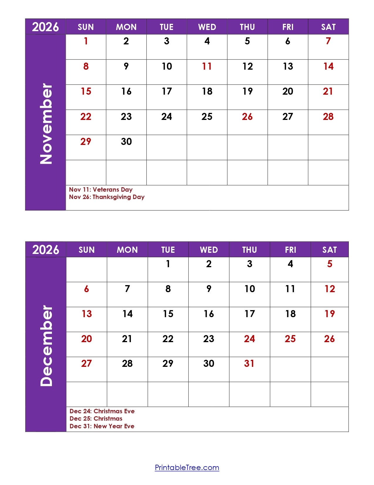 October November December 2026 Calendar Printable
