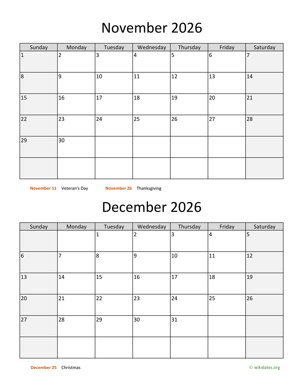 Calendar 2026 November December Printable
