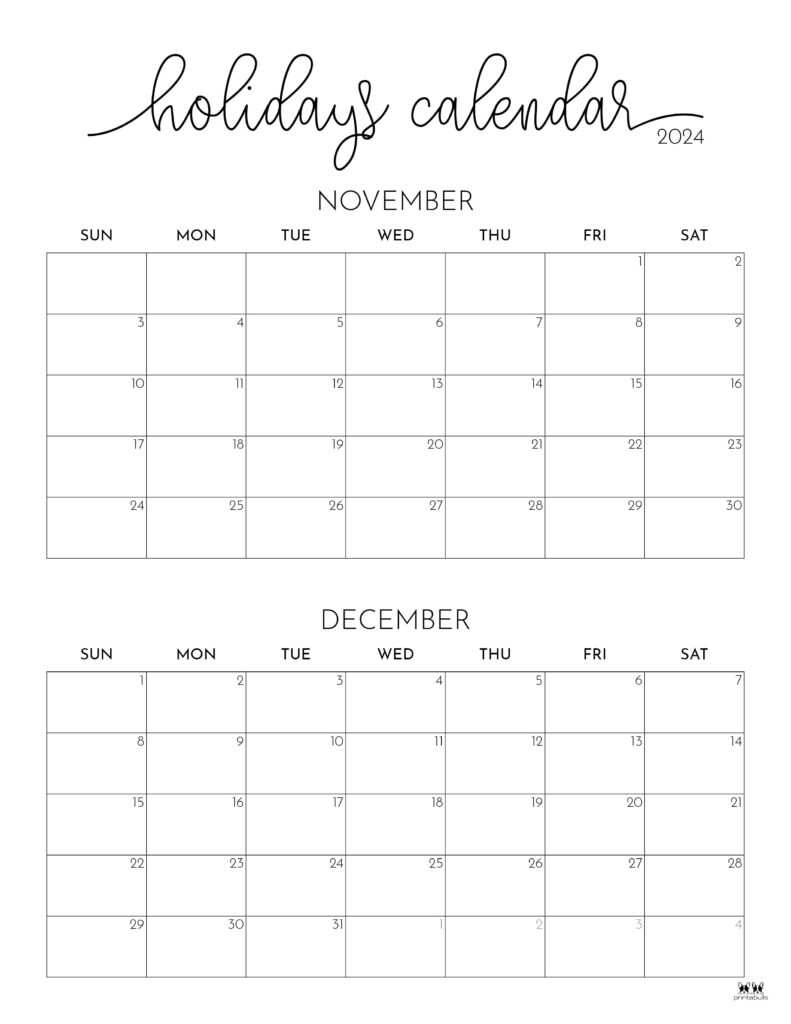 November And December Calendar Printable