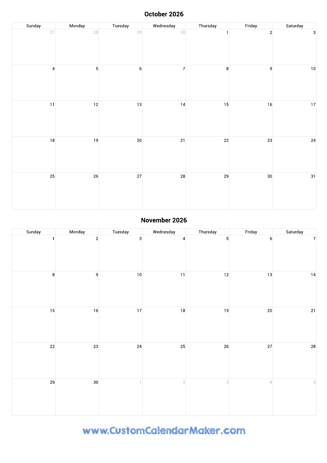October November 2026 Printable Calendars
