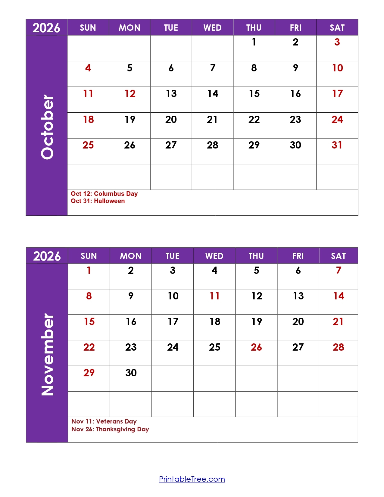 Calendar October December 2026 Printable