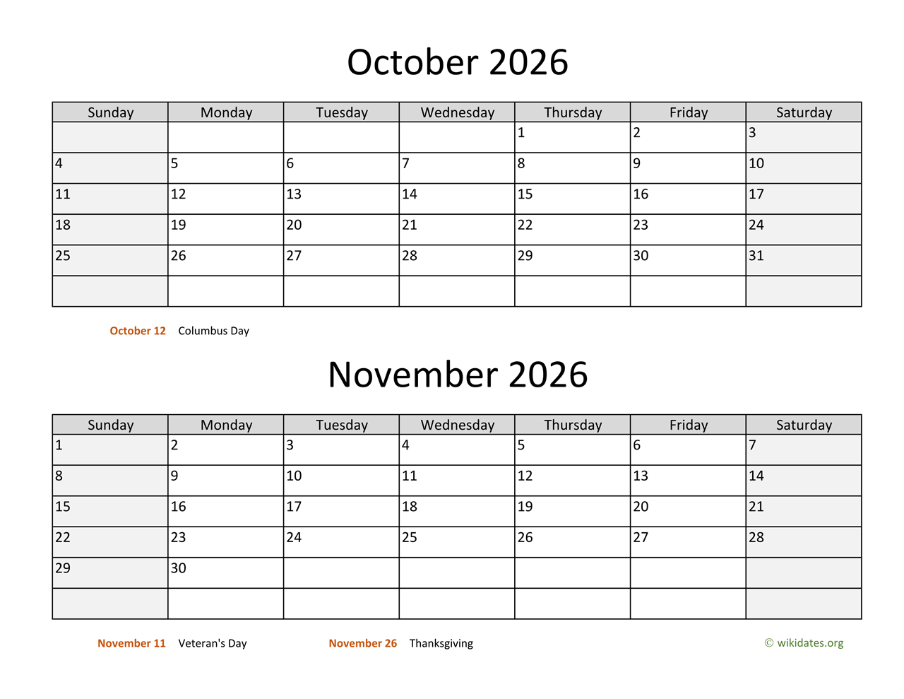 Calendar 2026 October Novementer December Printable