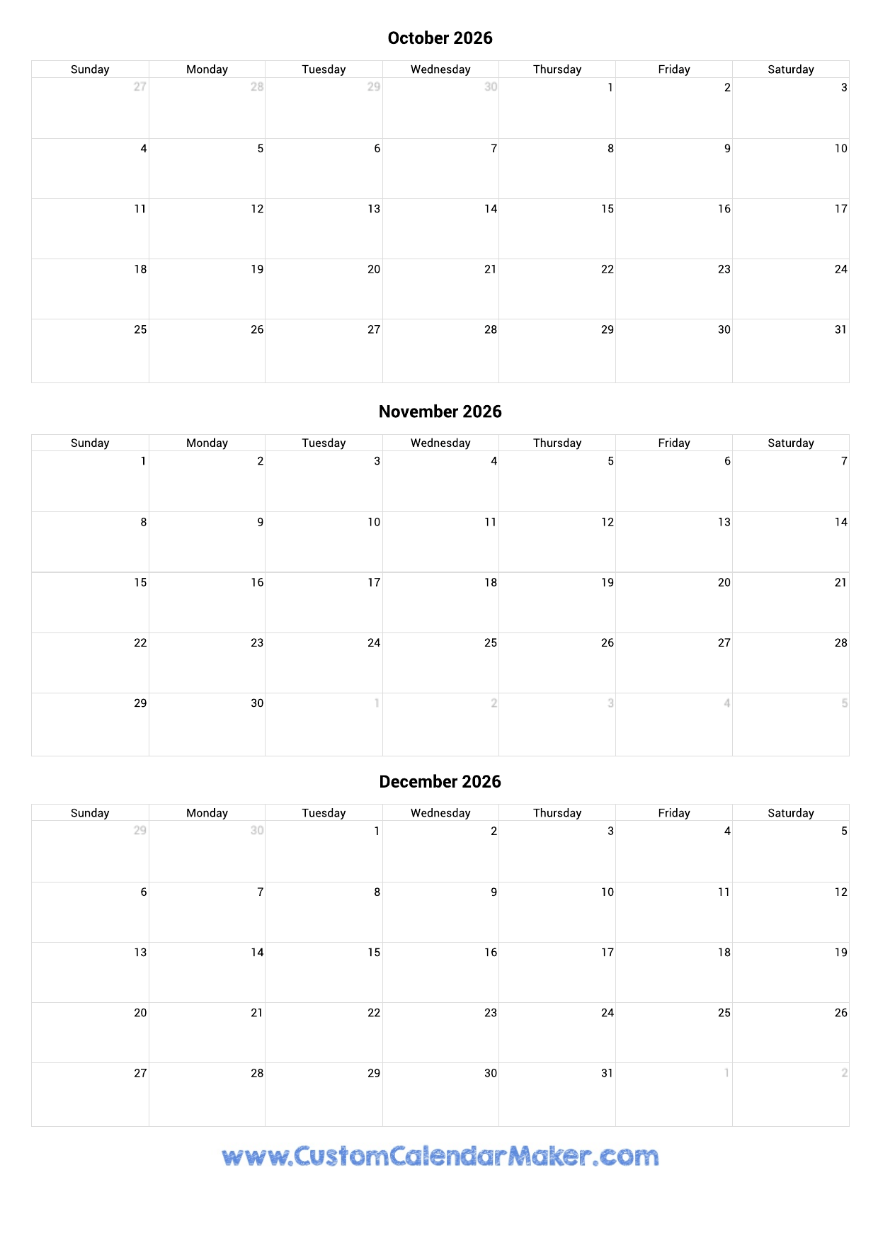 October To December 2026 Calendar Printable Custom Calendar Maker